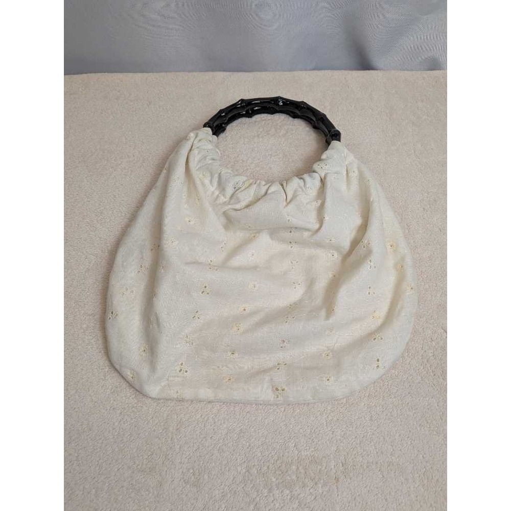 Eyelet Bamboo Handle Hobo Bag Crochet Trim White Boho Chic Summer Shoulder Bag‎